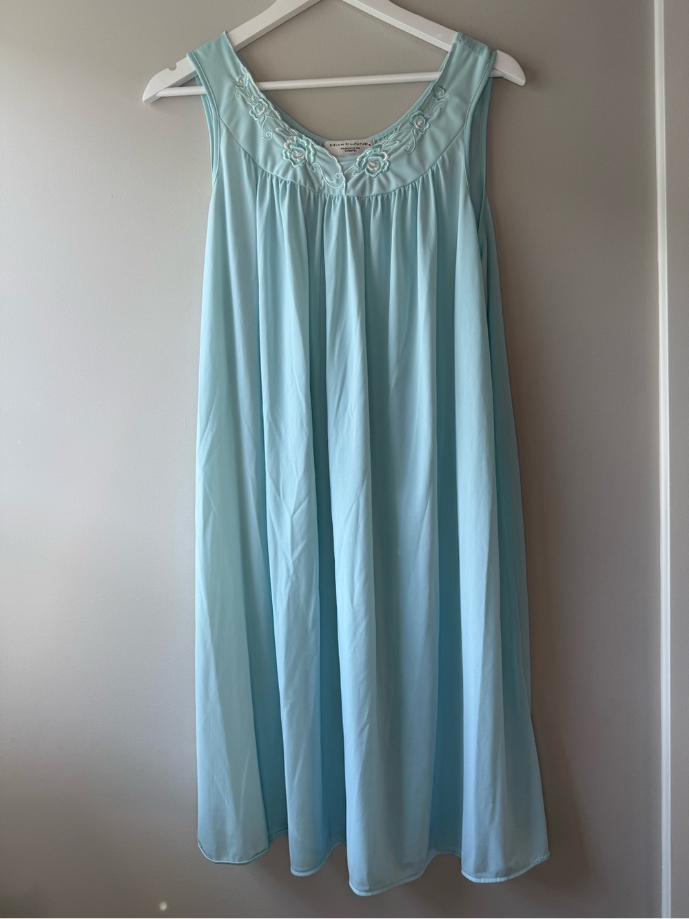 Vintage Miss Elaine Blue Nylon Nightgown Large Embroidered Floral Neckline
